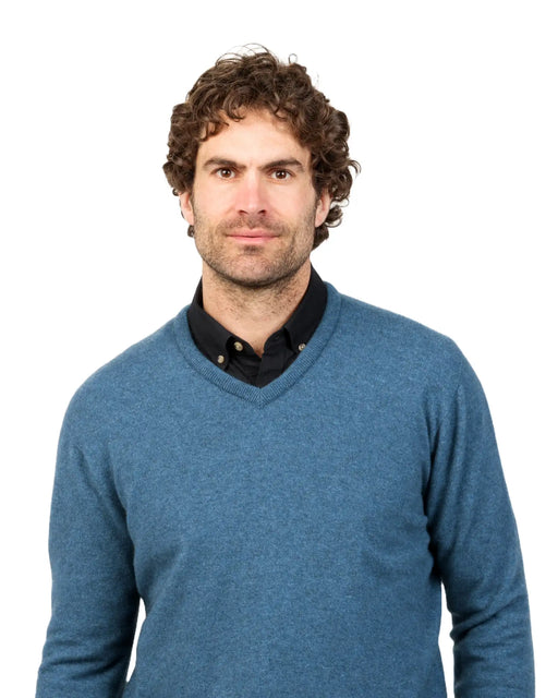 Men's merino wool vee-neck sweater in new Marine Blue NB121