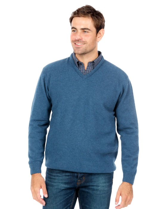 Men's merino wool vee-neck sweater in new Marine Blue NB121