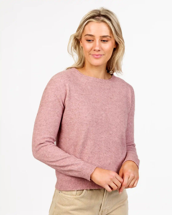 Womens cropped crew neck possum merino sweater in lily pink