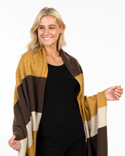 NE815 travel wrap in cocoa marigold stripe possum merino