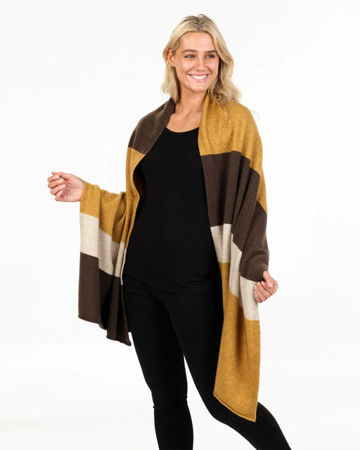 NE815 travel wrap in cocoa marigold stripe possum merino