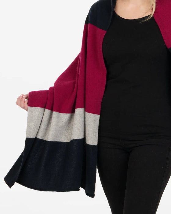 NE815 Winterberry stripe travel wrap in possum merino wool close up