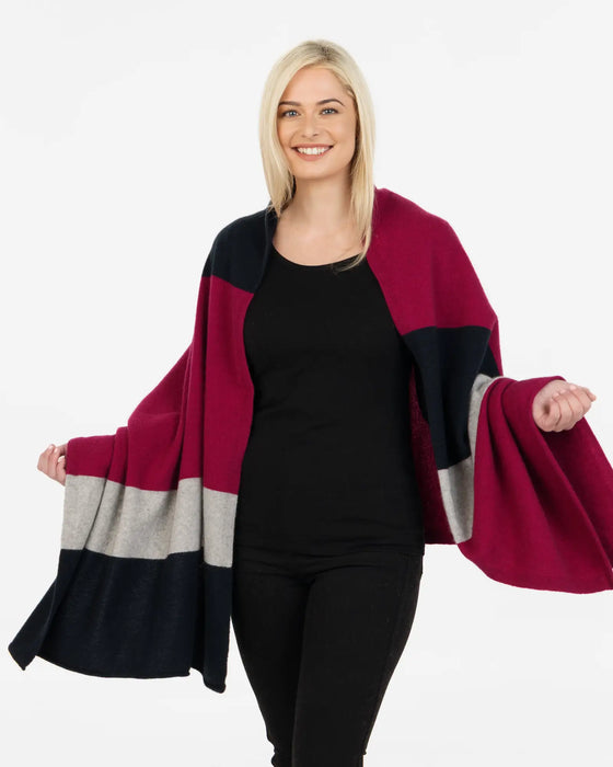 NE815 Winterberry stripe travel wrap in possum merino wool