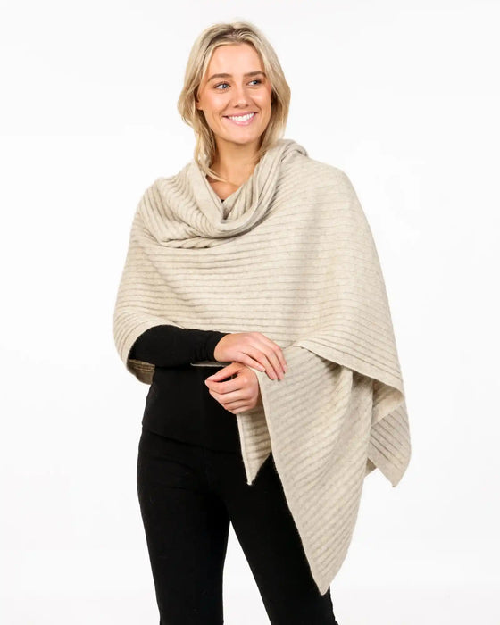 NE860 possum merino wool ribbed wrap in natural beige