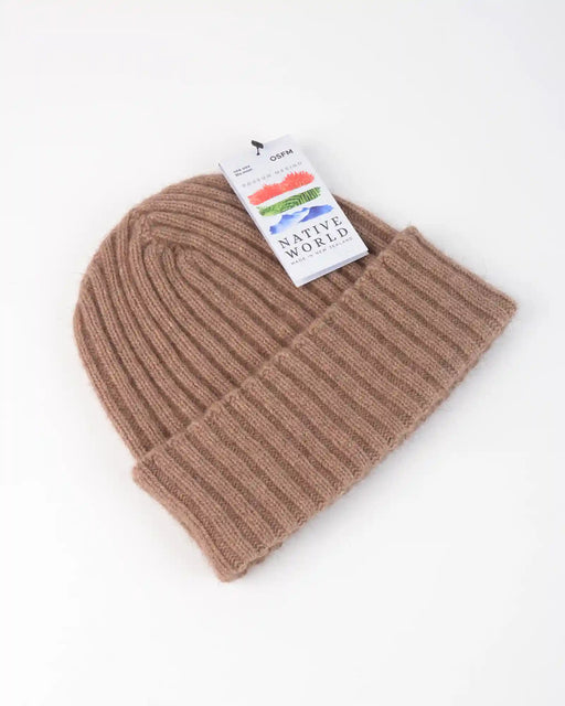 Ribbed possum merino beanie in Mink Brown