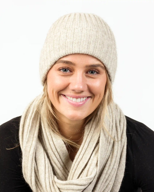 NX480 natural beige ribbed beanie in possum merino wool