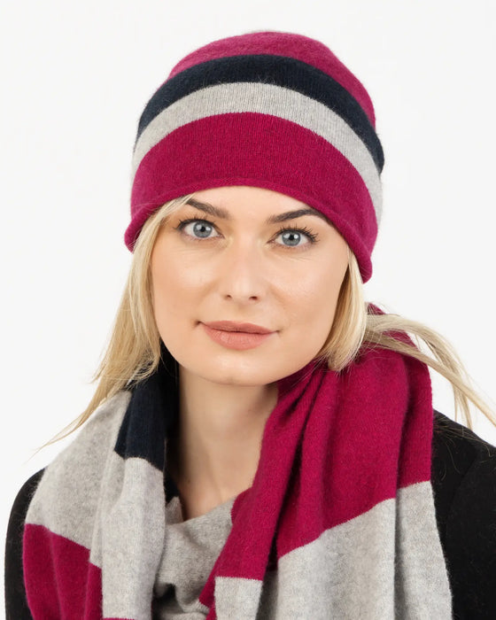 NX824 Winterberry stripe possum merino wool travel scarf and beanie