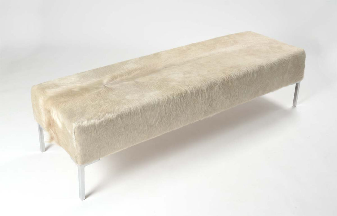 White cowhide bench ottoman